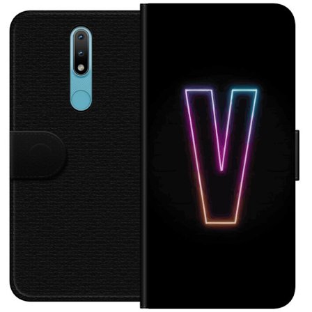 Yhteensopiva Lompakkokotelo Nokia Nokia 2.4 Neonkirjain V värikoodattu valossa mustaa taustaa vasten, minimalistinen muotoilu selkeällä hehkulla ja