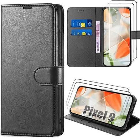 Etui og 2 hærdede briller til Google Pixel 9 - Anti-ridse pung-etui i sort syntetisk læder