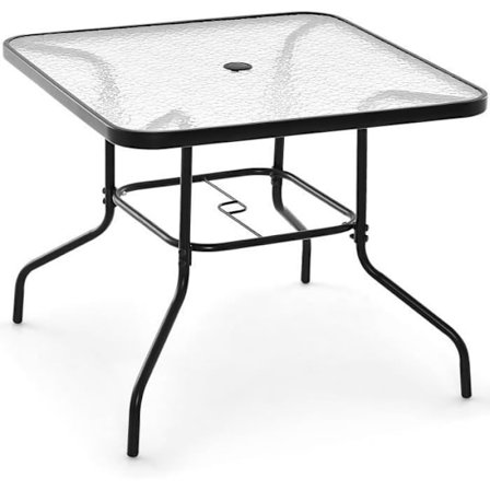 COSTWAY Havebord i hærdet glas - Parasolhul - Belastning 50KG - Metalstel - Bord til gårdhave terrasse swimmingpool