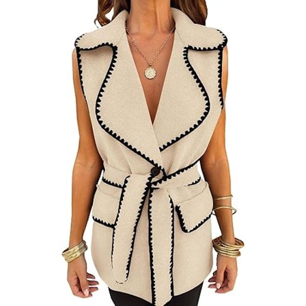 (M) Dame Vinterjakker V-hals Knapper Belte Lommer Ermeløs Cardigan Høst Varmt Lang Vest Jakker