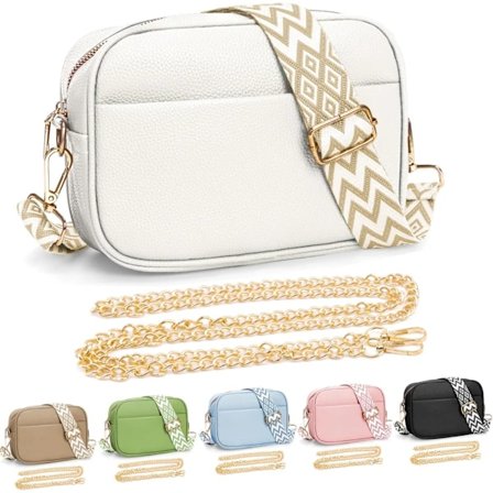 Crossbody taske til kvinder, lille lædertaske til damer, kamerataske, skuldertaske med udskiftelig bred skulderrem Hvid