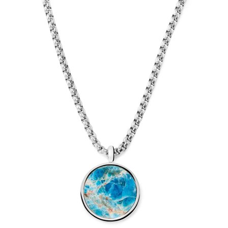 Orisun | Colier argintiu din oțel inoxidabil cu piatră apatită și pandantiv rotund pentru bărbați - Coliere din oțel