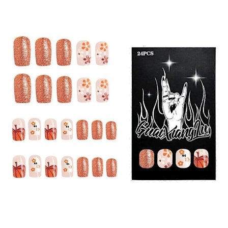 Thanksgiving Pumpa Naglar 24st Fyrkantiga Press-on Naglar för Halloween Dekoration