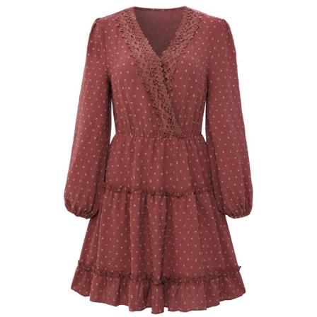 Kvinnors klänning långärmad V-ringad miniklänning hög midja