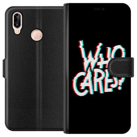 Kompatibel Tegnebogsetui til Huawei P20 lite Glitchtypografi med teksten "who cares" i rødt og cyan på en sort minimalistisk baggrund.
