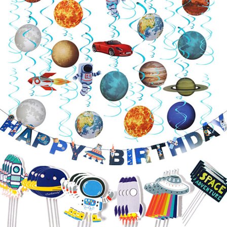 Födelsedagsdekoration set med rymdtema spiralhängen dragflagga dragblomma tårtkort insats skylt astronaut planet