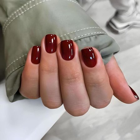 Viininpunaiset tekokynnet, lyhyet neliönmuotoiset tekokynnet, 24 kpl viininpunaisia ranskalaisia tekokynsiä - Täyspeittävät ranskalaiset tekokynnet 