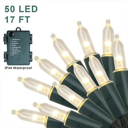 Julbelysning, 5m 50 LED batteridrivna ljusslingor med automatisk timer och 8 lägen, grön tråd utomhus vattentäta ljusslingor – varmvita julgransljus