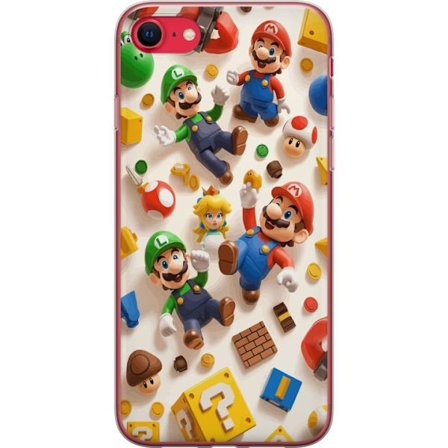 Kompatibelt Mobildeksel til Apple iPhone SE (2020) Fargerik spillillustrasjon med Mario, Luigi, Peach og klassiske spillobjekter, nostalgisk gaming fÃ
