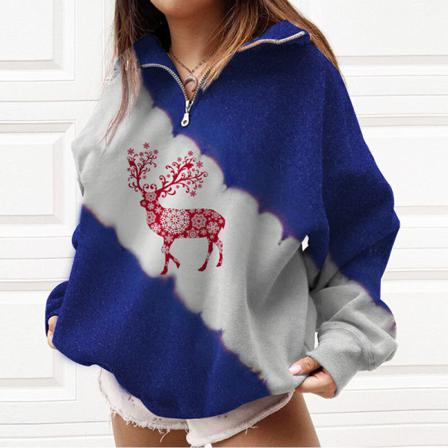 Kvinnor Print T-shirt Dragkedja Color Block Christmas Sweatshirt