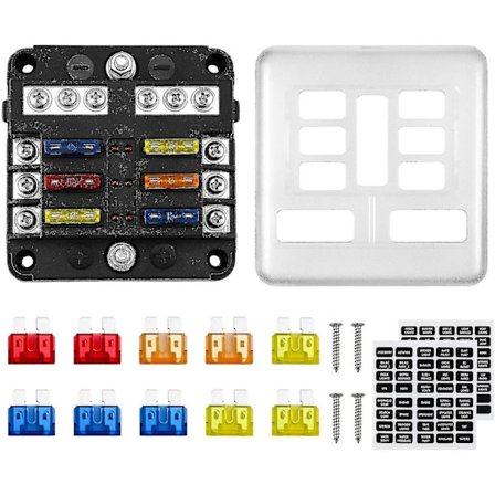 6-veis 12v sikringsboks 32v 100a sikringsholder med 10 sikringer 6 LED-indikatorer Beskyttelsesdeksel + 2 stk klistremerker for bilbåt bobil