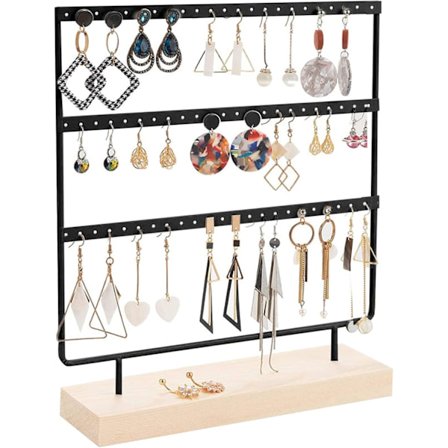 Puusta ja metallista valmistettu korvakoru, vintage-korujen järjestäjä, musta korvakoruteline puupohjalla (69 reikää ja 3 kaulaa)