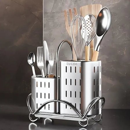 Rustfrit 304 stål køkkenredskabsstativ – Multifunktionel bestikorganisator til bordplade | Pladsbesparende til knive, gafler, skeer_TF_TF