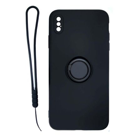 Apple iPhone XS Max Soft Liquid Silicone Case With Magnetic Ring Holder Stand and Slim Hands Strap Best Quality Black