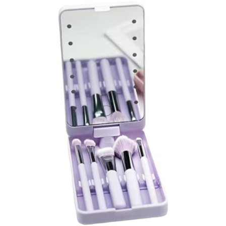 160x90mm 5-delt Rejse-makeupbørstesæt, Foundation Pudder, Øjenskygge Makeup Sæt med LED-belyst Spejl Mini Makeup Børste