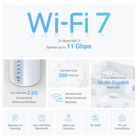 TP-Link BE9300 Whole Home Mesh Wi-Fi 7 System Tri-Band 574Mbps at 2.4GHz + 2880Mbps at 5GHz + 5760Mbps at 6GHz Internal Antenna