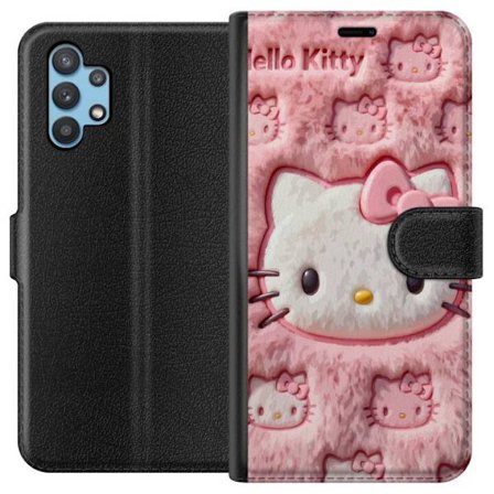 Yhteensopiva Lompakkokotelo Samsung Galaxy A32 5G Hello Kitty vaaleanpunainen pörröinen tausta, jossa on ikoninen kasvot ja kawaii-esteettisyys