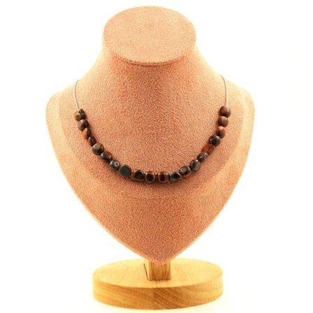 Stenar och mineraler. Halsband med 20 röda Tiger's Eye pärlor från Brasilien. Stålkedja Halsband för kvinnor, män. Anpassningsbar storlek