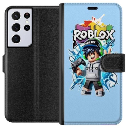 Kompatibelt Plånboksfodral till Samsung Samsung Galaxy S21 Ultra 5G Färgstark Roblox-karaktär med handkontroll och energifylld splash art design, p