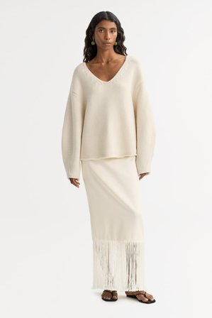 Soft Goat - Puff Sleeve V-neck - Women cashmere sweater - S - Feather White