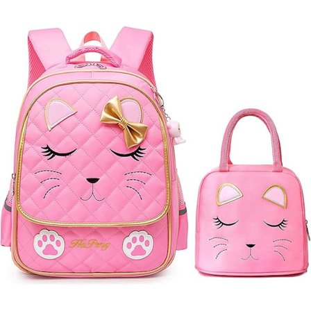 Skolerygsæk med katteansigt til piger, søde skoletasker til børn i grundskolen Pink B