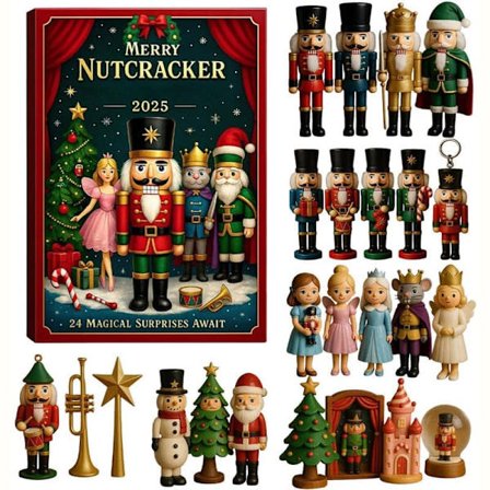 Pähkinänsärkijä Joulukalenteri 2025 – 24 päivän joulukalenteri hauskoilla pähkinänsärkijäkoristeilla, joulukoristeita kuuseen