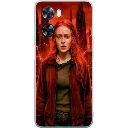 Kompatibelt Mobilskal till OnePlus Nord N20 SE Porträtt av en ung kvinna med rött hår i en apokalyptisk landskap, röda blixtar och mörka klippfor