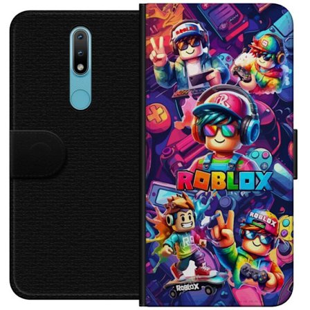 Yhteensopiva Lompakkokotelo Nokia Nokia 2.4 Värikäs Roblox-peliryhmä kuulokkeilla, ohjaimilla ja neonväreillä, täydellinen lapsille ja peli-into