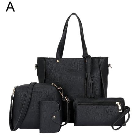 4st/ set Kvinnor Handväska Messenger Läder Axelväska Tote Handväska black One-size