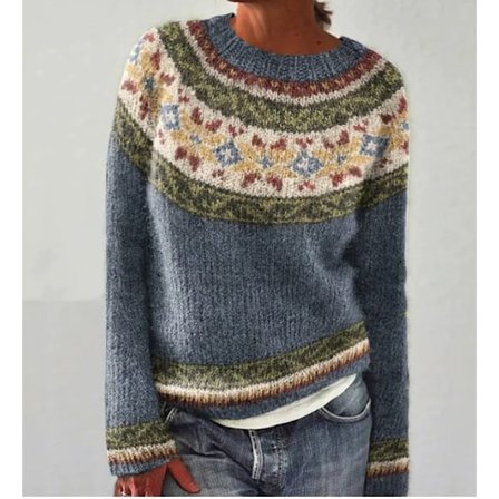 Dame Løststikket Strikket Genser - Rund Halsfargeblokk Motegenser marineblå S