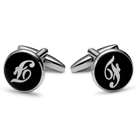 Round Silver-tone and Black Initial F Cufflinks for Men