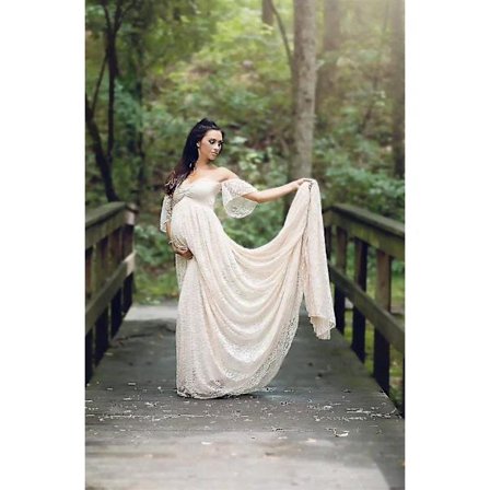 Blonde Mammakjole med Lange Ermer og Slepe - Hvit White L,A