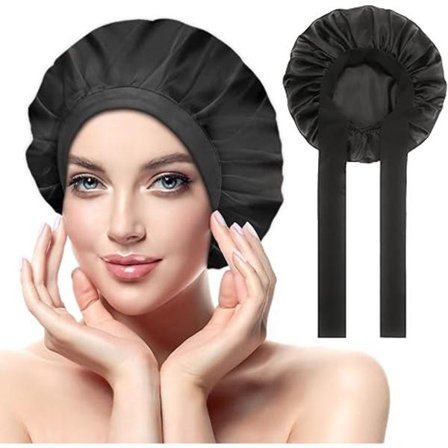 Satin Hår Nattmössa 19 Momme Silkesmössa för Naturligt Hår, Justerbar Huvudstorlek, Nattmössa för Lockigt Hår 1-pack (Svart)