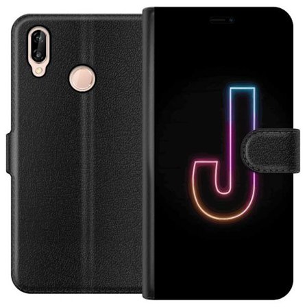 Yhteensopiva Lompakkokotelo Huawei Huawei P20 lite Minimaalinen neonkirjain J värien vaihtuessa valossa mustaa taustaa vasten