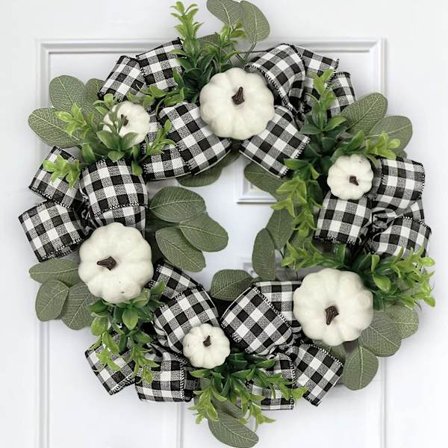Höstdekor för hemmet - Höstkransar för ytterdörren - 16 tum vit Buffalo Plaid Check Autumn Pumpkin Wreath