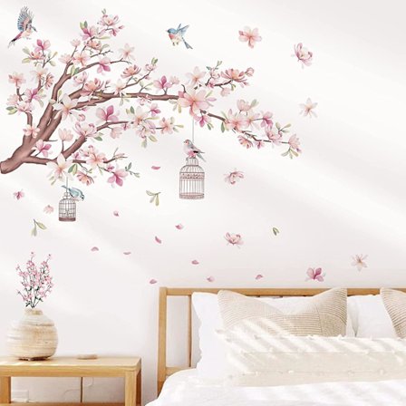 Rose Flower Branch Wall Stickers Veggklistremer Veggdekorasjoner Fugler på Magnolia Flower Branch for Soverom Stue TV-vegg
