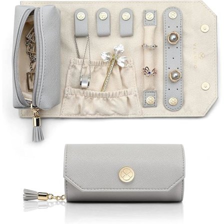 Smykkeskrin Rejse Tilbehør Opbevaring Opbevaringsrulle Lille Kunstlæder Rejse Smykkeskrin Egnet til Ringe, Øreringe, Halskæder (II. Grå)