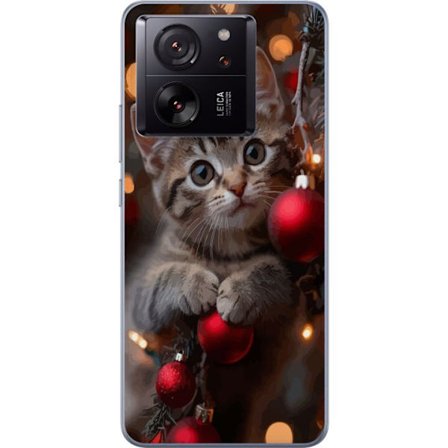 Kompatibelt Mobildeksel til Xiaomi Xiaomi 13T Pro Søt kattunge blant julepynt og varme lys med nysgjerrige øyne som ser opp, omgitt av dekorasjoner