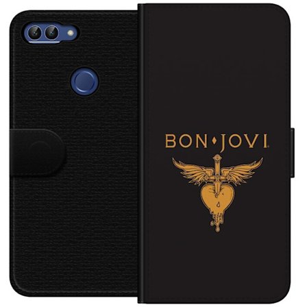 Kompatibelt Plånboksfodral till Huawei P smart Ikonisk musikillustration med bevingat hjärta och dolk i guldtoner på mörk bakgrund, kraftfull och