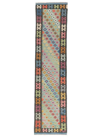 Handgewebt Kelim Afghan Old Stil Teppich 76X310 Grün/Braun