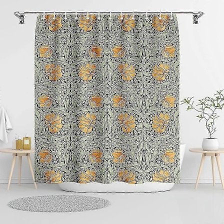 William Morris Vintage Blommigt Duschdraperi, Salviagrön/Orange Duschdraperi Set för Badrum med