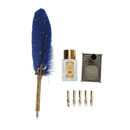 Sulkakynä Pehmeä Tekstuuri Sinkkiseos Kaiverrettu Terä Vintage-Tyyli DIY Tekeminen Kalligrafia Dip Kynäsetti Taiteelliseen Kirjoittamiseen Sininen