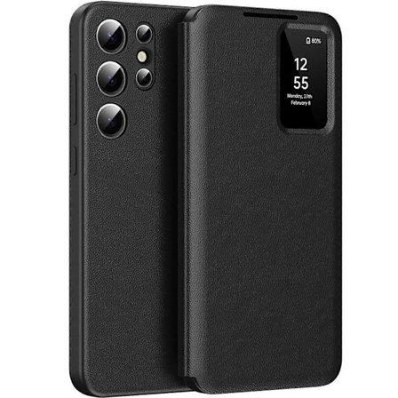 Smart View-deksel svart, lommebok-flippdeksel med kortspor, klart speilvisningsvindu for Samsung Galaxy S25 Ultra