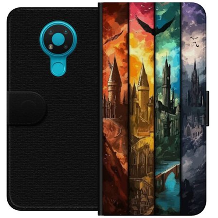 Kompatibel Tegnebogsetui til Nokia Nokia 3.4 Fire magiske slotte i forskellige elementfarver, episk fantasykunst med ild vand luft og mørke i detalje
