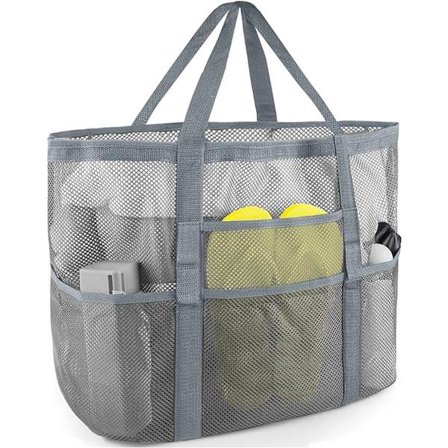 Stor Mesh Strandtaske til Kvinder - 39x43x20cm Grå - Perfekt til Legetøj u0026 Ferieartikler