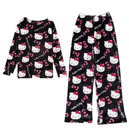 Anime Cartoon Pyjamas Långärmad Byxa Set för Kvinnor Flickor Tonåringar Söta Katt Flanell Bekväm Sömn Casual Nattkläder Svart Rosa Black Pink M