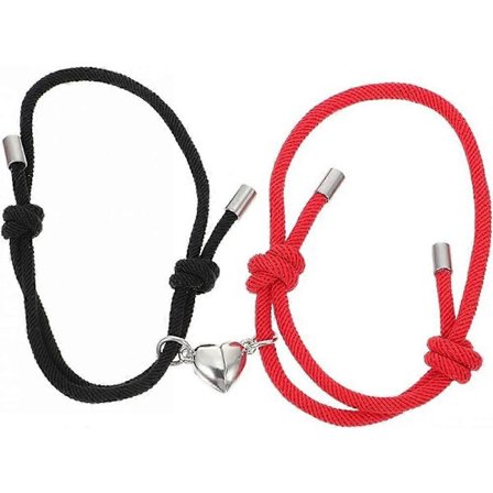 1 Par Magnetiska Pararmband Kärlek Hjärta Matchande Armband Rep Snöre Armband Ömsesidig Attraktion Relation, Svart, Röd, 26x0.3cm