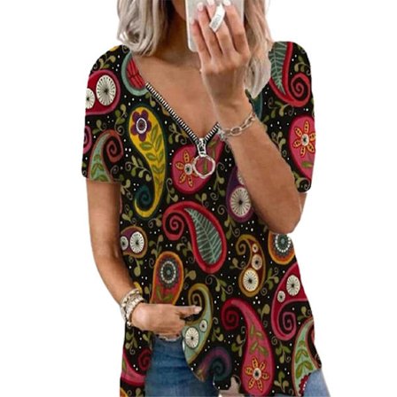 T-shirt för kvinnor, kortärmad, dragkedja, V-ringad