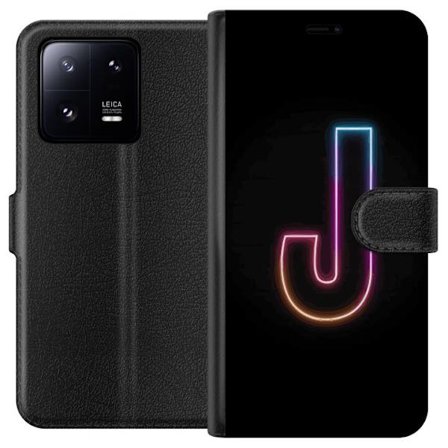 Yhteensopiva Lompakkokotelo Xiaomi Xiaomi 13 Pro Minimaalinen neonkirjain J värien vaihtuessa valossa mustaa taustaa vasten