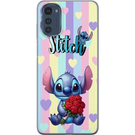 Kompatibel Mobilcover til Motorola Moto E32s Romantisk illustration af Stitch der holder røde roser mod stribet baggrund